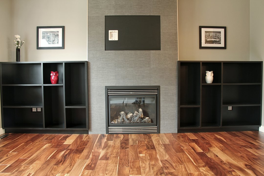Four-sided stacked stone fireplace